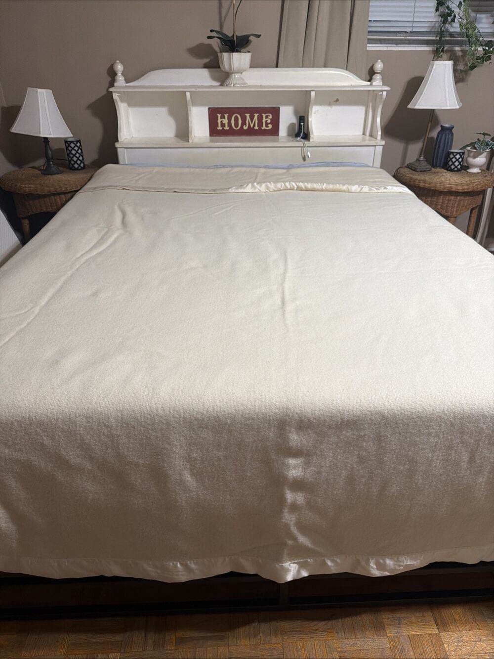 Vintage Faribo Pure Wool King Blanket Satin Bound USA Made Natural Ivory 110x94